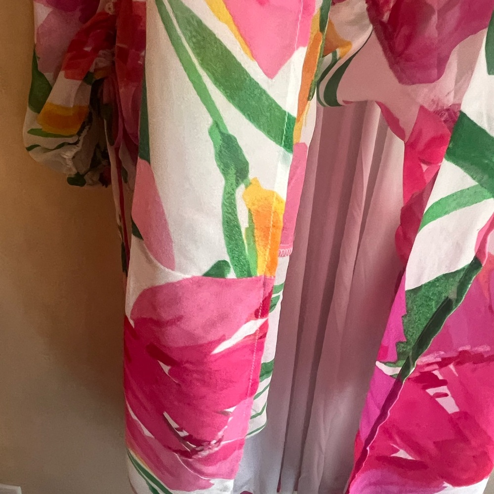Bright Pink Floral Tiered Casual Dress with Green Accents - Women's - Picture 7 of 9